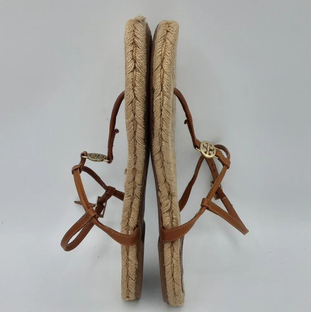 Tory Burch Emmy Brown Leather Espadrille Flat Thong Sandal.